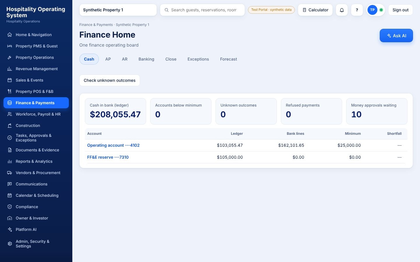 Daji OS Finance screen with demo data